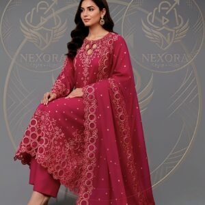 Premium Magenta Embroidered Three-Piece Suit 1